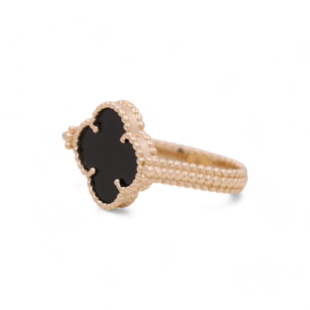 14K Yellow Gold Women’s Onyx Flower Ring / Size 8 / Weight: 5.7 GR / COWR4CLV-2