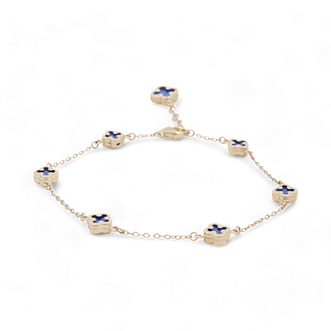 10K Yellow Gold Blue Small Clover Bracelet / Size: 7.5” / Weight: 3.4 GR / BOWB0CLV-1
