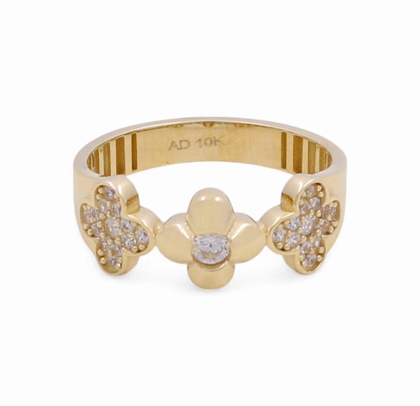 10K Yellow Gold Three Flowers Women's Ring with Cz / Size: 7 / Weight: 2.1 GR / Y24-397