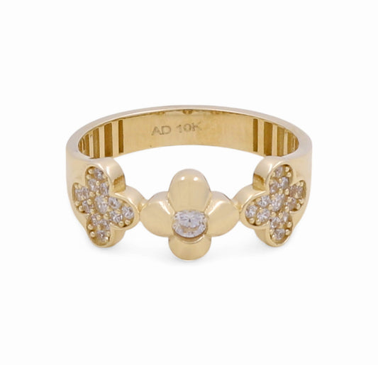 10K Yellow Gold Three Flowers Women's Ring with Cz / Size: 7 / Weight: 2.1 GR / Y24-397